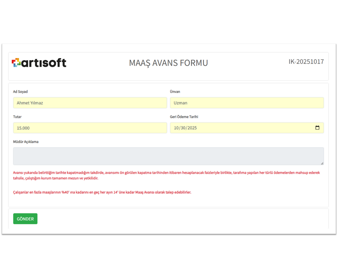 JetForms Avans formu örneği