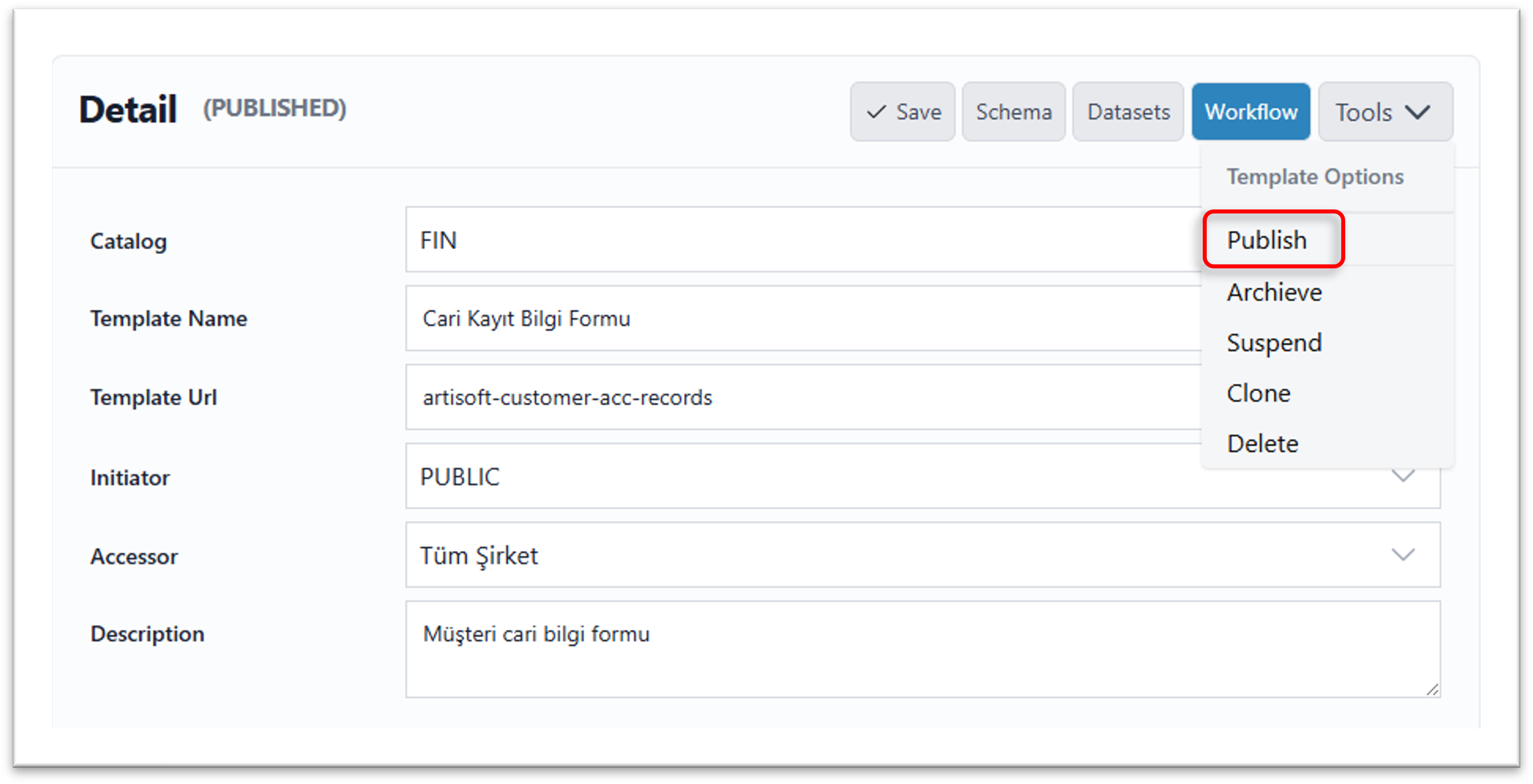 Cari kart bilgi formu yayınlama ekranı