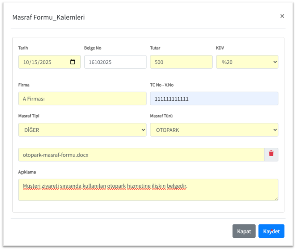 Masraf Formu Kalemi Örneği – JetForms