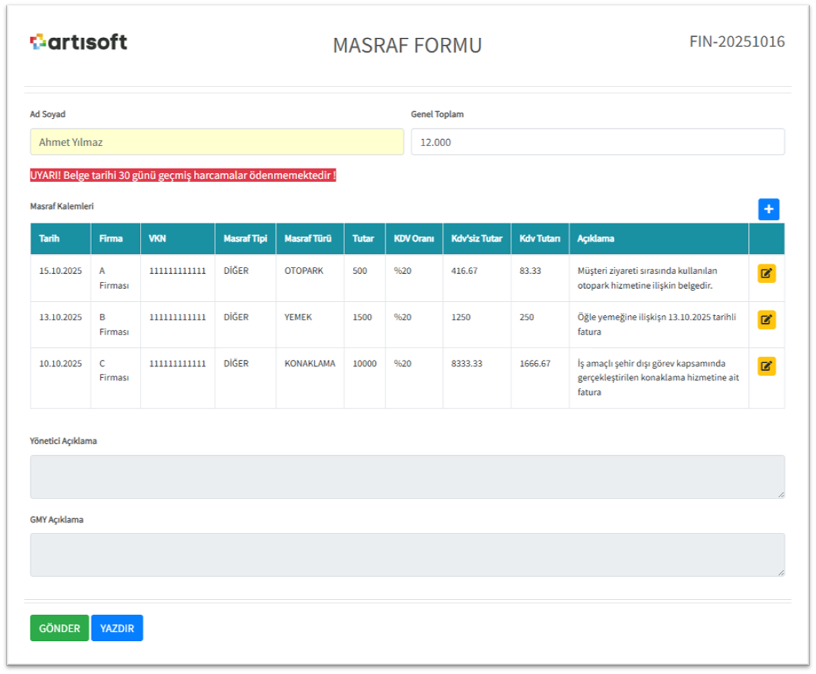JetForms masraf formu örneği