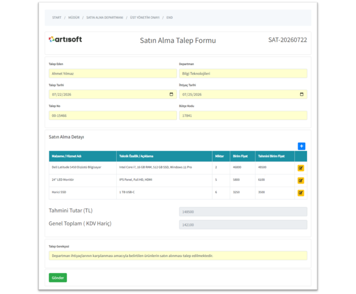JetForms satın alma talep formu örneği